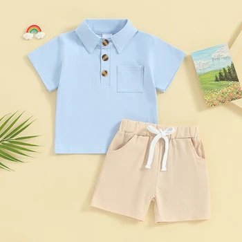 Baby Boy 2gab Vasaras Apģērbs ar Īsām Piedurknēm Atloks Apkakli Topi + Bikses Kopa Toddler Bērniem, Brīvdienu Pludmales tērpā