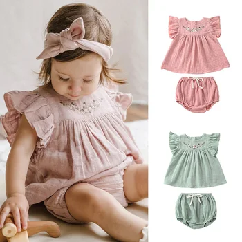 Vasaras Zīdaiņu Meitenēm, Apģērbu Izšūšana Lina Tops Ziedu Blūze + Bērnu Ikdienas īsās bikses-Šorti mazie Bērni Princese Drēbes 2gab Uzvalks