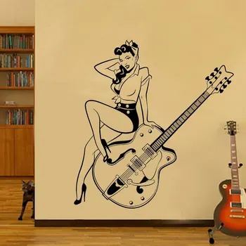 Vinila Sienas Decal Vintage Ģitāru Seksīga Meitene Decal Mūzikas Instrumentu Veikals Decal Mājas Mūzikas Cienītājs Sienu Apdare Decal gt23